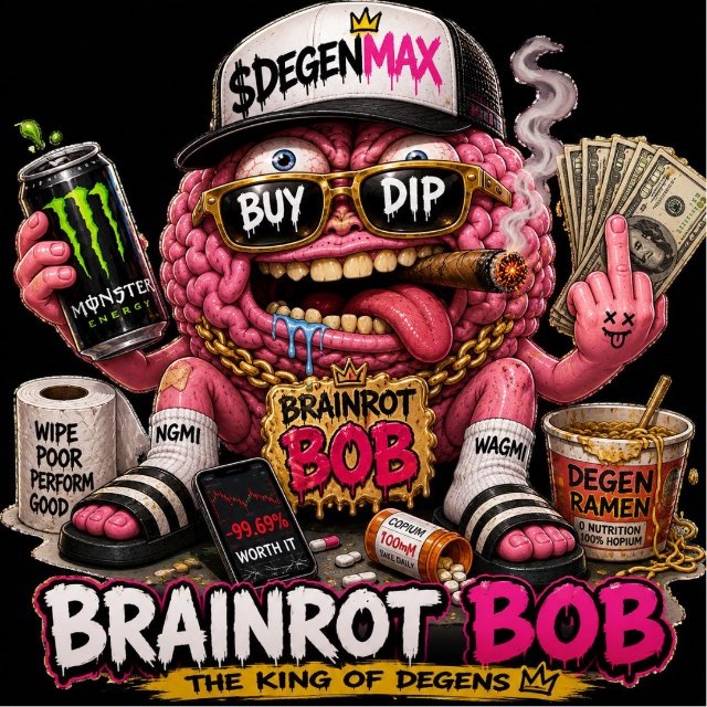 Brainrot Bob sticker artwork holding an energy drink surrounded by degen props